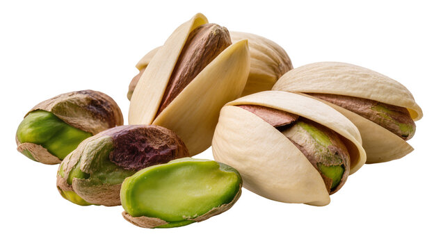 Isolated group of fresh raw pistachios with open shells and delicious green kernels