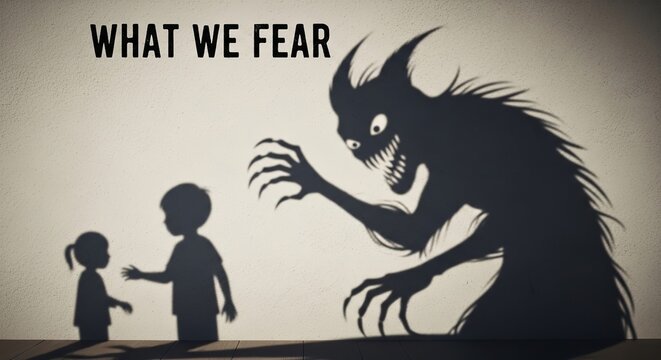 Shadow of Fear: Children Encountering a Monster Silhouette on Wall, Dark Mood, Conceptual Art for Psychological Themes