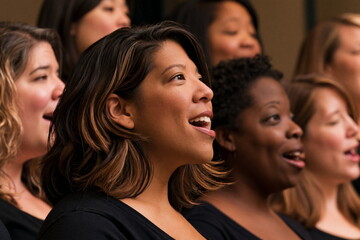 Obraz premium Inspiring Diverse Gospel Choir Harmonizing Joyfully on Stage, Exuding Spiritual Energy and Community Connection
