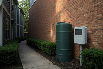 Fototapeta premium Green water tank rainwater storage utility control box brick wall residential building narrow walkway outdoor equipment suburban housing sidewalk path shrubRainwater harvesting residential concept