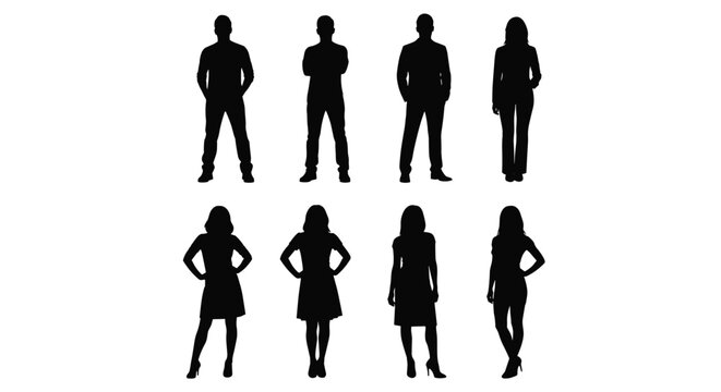 Silhouettes of Business People and Professionals Standing and Posing in Various Stances.