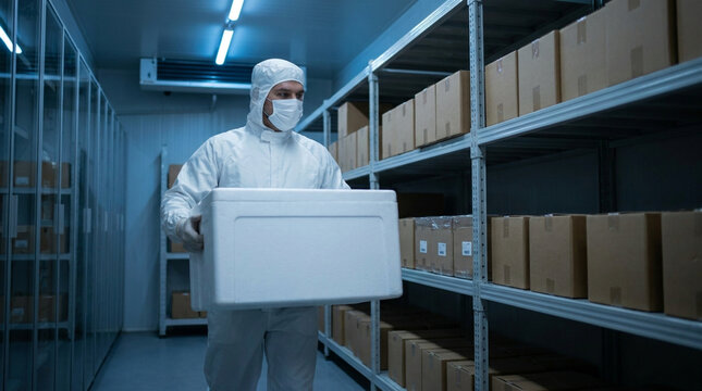 Worker in white protective cleanroom suit and mask carrying large insulated styrofoam container through refrigerated warehouse storage with cardboard boxes on metal shelves.