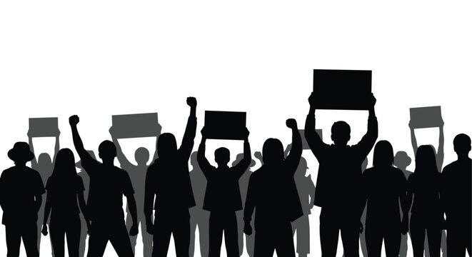 Protest Crowd Silhouette with Raised Signs and Banners in Demonstration Scene.