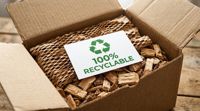 Open cardboard shipping box filled with sustainable eco-friendly packaging materials such as honeycomb paper wrap and wood chips, featuring a white card with 100% recyclable logo text.