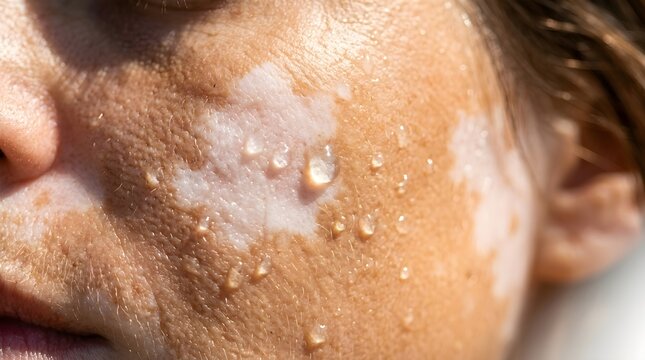 Detailed macro shot of human skin showing vitiligo depigmentation and water droplets