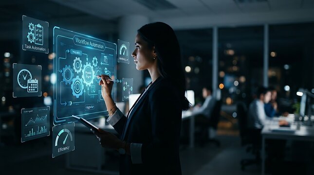 Business professional interacting with holographic workflow automation icon representing enterprise digital process management and business efficiency optimization solutions.