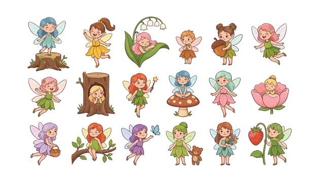 Cute garden fairies vector icons set with little forest elves and pixies with wings isolated on white background