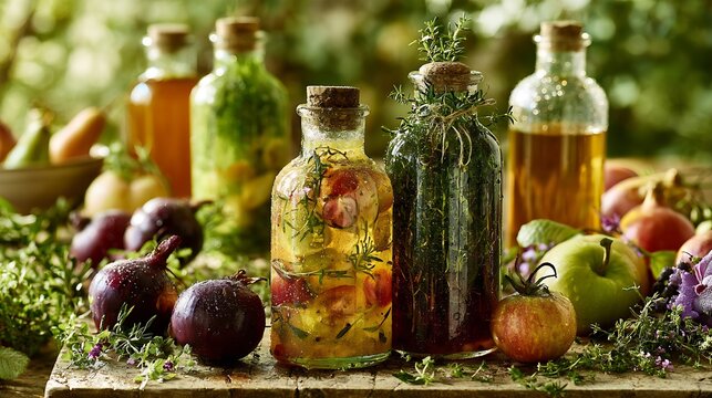 Late Summer Harvest Herb infused oil and preserved fruit in corked glass bottles with fresh herbs and ripe fruit on a rustic wooden table