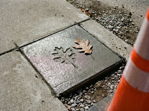 Fresh wet concrete sidewalk with leaf imprint beside traffic cone