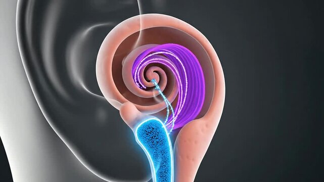 High-Frequency Hearing Loss Visualization In Transparent Ear Showing Spiral Cochlea With Colorful Waveforms And Sound Particles
