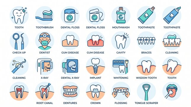 A comprehensive collection of modern flat design icons illustrating various dental health care procedures, tools, and conditions.