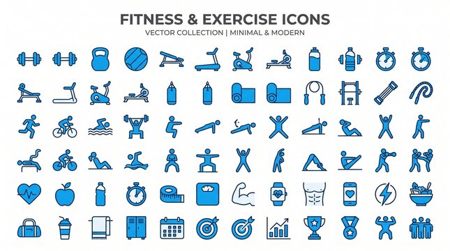 A comprehensive vector collection of modern, minimalist blue fitness and exercise icons, illustrating gym equipment, workout activities, and health tracking elements.