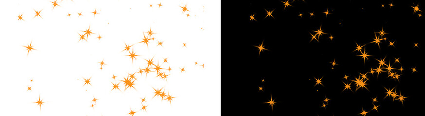 Fototapeta premium Golden star sparkles scattered across a black background on transparent background