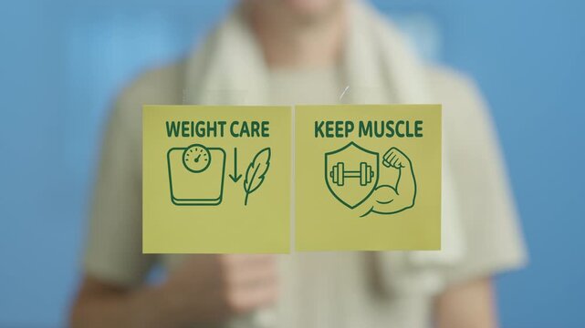 Sporty person in the background placing two yellow sticky notes on a glass surface, one with a weight care scale icon and the other with a keep muscle bicep and dumbbell icon