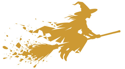 Vector silhouette illustration of a witch flying on her magic broomstick against a transparent background. © Friz