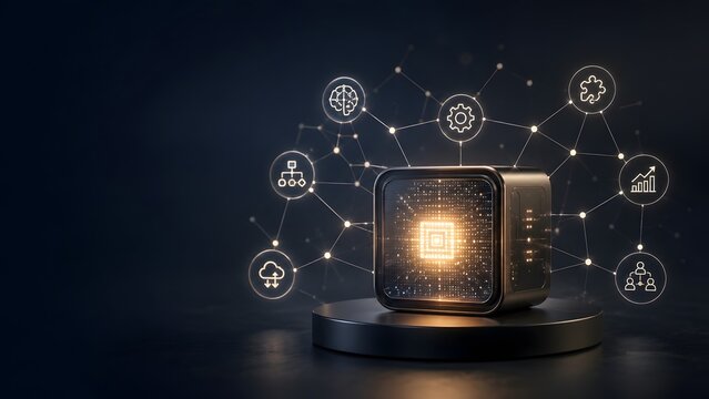 Futuristic glowing quantum computing cube on pedestal with connected artificial intelligence network icons