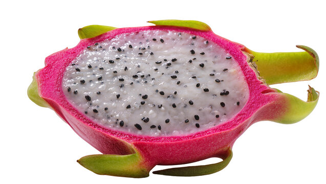 Isolated delicious tropical pitahaya fruit cut in half revealing white flesh and black seeds