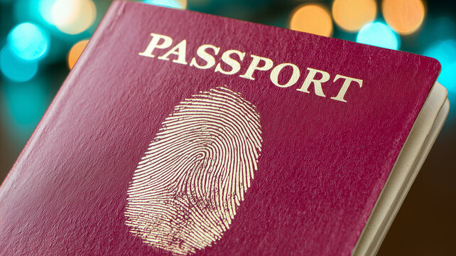 A passport featuring a prominent fingerprint, representing biometric identification, secure identity verification
