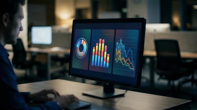 Medium shot of a blurred office with sharp charts displaying corporate bond default probabilities and insurance pool metrics monitored on a computer screen.