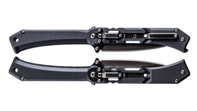 Isolated modern tactical folding knives with sharp steel blades, open and partially closed