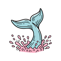 Naklejka premium Whale tail fin breaking water surface with coral reef and ocean bubbles in vibrant underwater illustration style