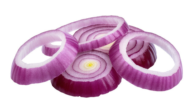 Isolated fresh red onion slices arranged as rings, vibrant culinary vegetable ingredient