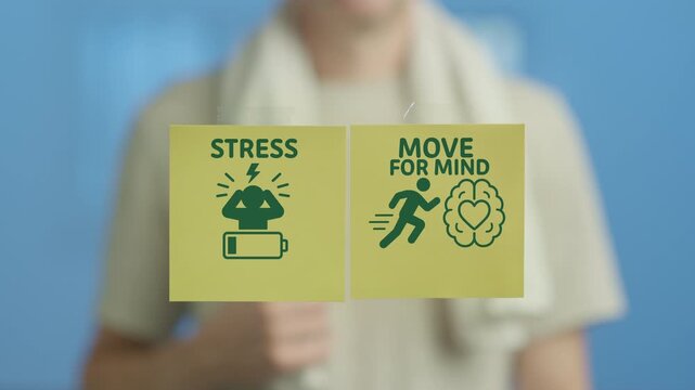 Conceptual video showing two sticky notes, one representing stress and low energy and the other promoting physical exercise for mental health, with a blurred athlete in the background