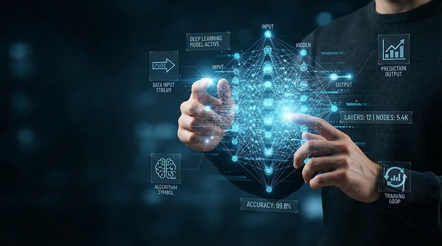 Technology professional interacting with holographic deep learning neural network icon for AI machine learning and enterprise artificial intelligence data science solutions.