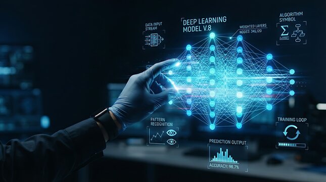 Technology professional interacting with holographic deep learning neural network icon for AI machine learning and enterprise artificial intelligence data science solutions.