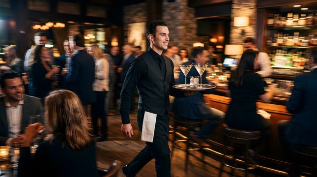 Professional waiter carrying cocktails on a tray in a busy lounge bar