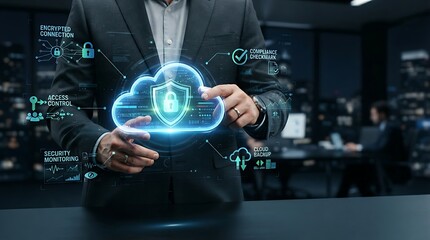 Fototapeta premium Business executive hands interacting with holographic cloud security shield icon for enterprise data protection and secure cloud infrastructure management solutions.