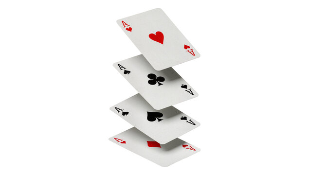 Isolated four aces playing cards dynamically stacked for casino poker games and gambling concept