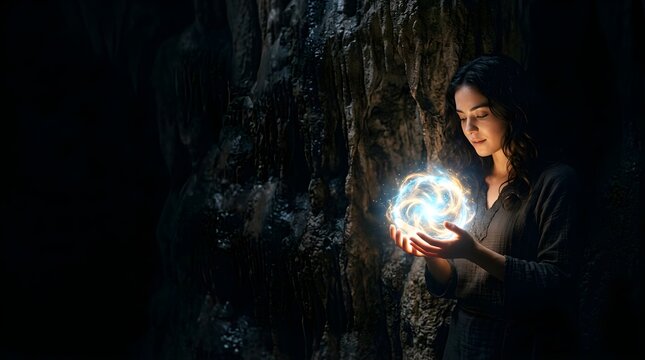 Woman holding a glowing magical energy orb in a dark rocky cave