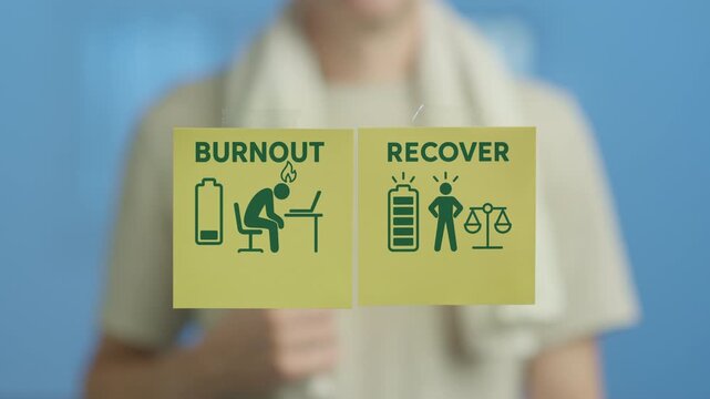 Blurred man holding two sticky notes on a glass surface, one illustrating burnout with an exhausted worker and low battery, the other showing recovery with an energized person and a full battery