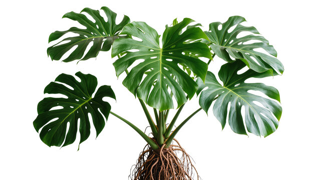 Isolated exotic tropical Monstera deliciosa plant with large green leaves and brown roots