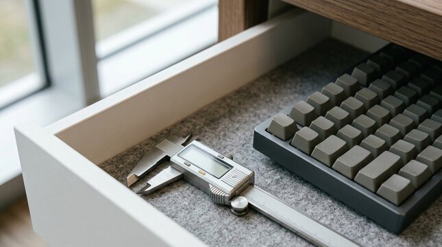Reference measurement calipers stored in a drawer beside a reading room keyboard | Medical Imaging Radiology Stock Photo