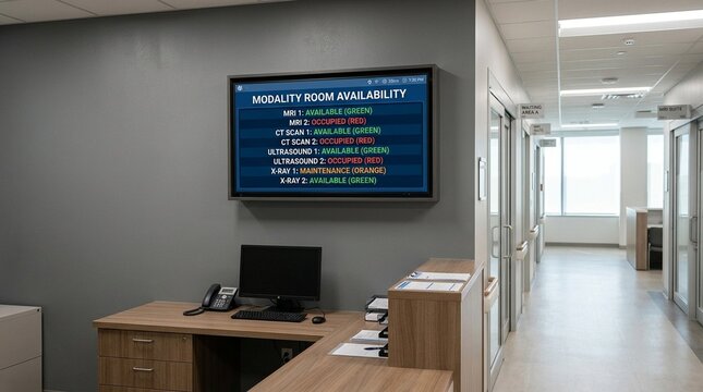 Digital signage board listing modality room availability mounted above a hospital corridor reception | Medical Imaging Radiology Stock Photo