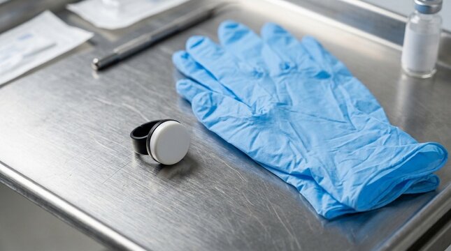 Personal dosimeter ring badge resting beside a set of surgical gloves on a preparation tray | Medical Imaging Radiology Stock Photo