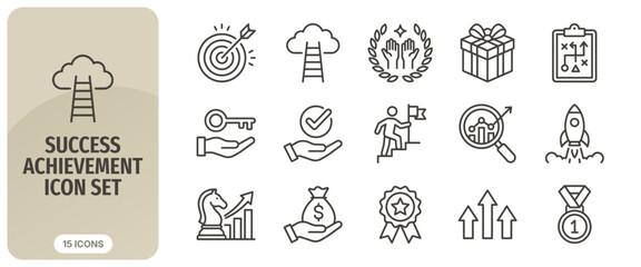 Fototapeta premium Success and achievement icon set, business growth, goal reaching, strategy planning, career development, leadership, and professional success line icons