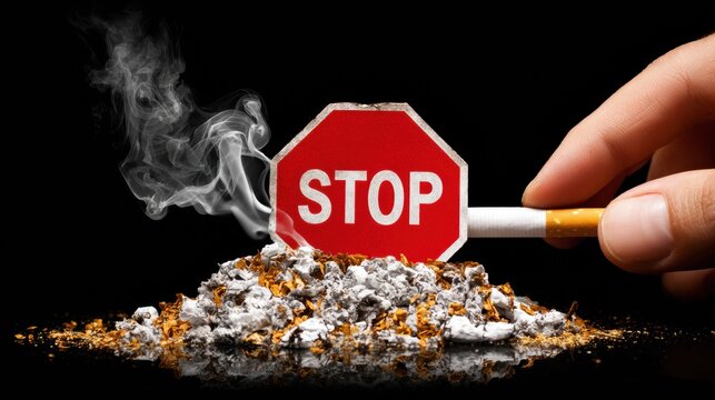 Hand Holding Stop Sign Over Pile of Ashes and Cigarette Butts