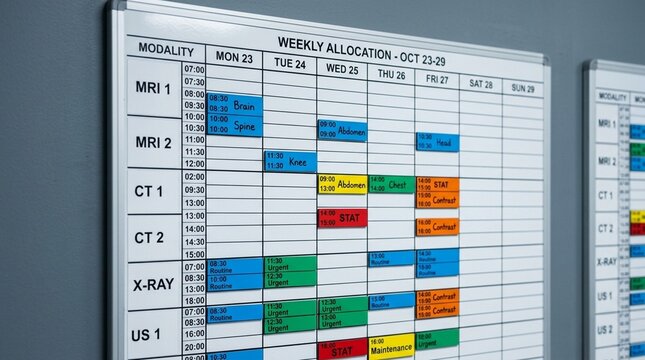 Modality allocation board displaying a color-coded weekly schedule mounted on a control room wall | Medical Imaging Radiology Stock Photo