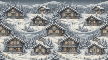 Fototapeta premium Norway pattern of winter mountain chalet village with mountain scandinavian landscape wallpaper holidays christmas
