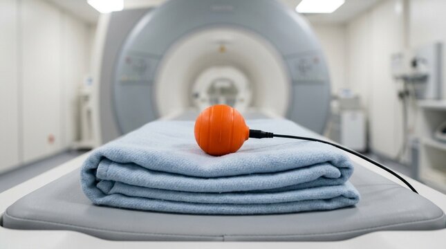 Squeeze-ball emergency alert device resting on a folded blanket at the foot of the scanner table | Medical Imaging Radiology Stock Photo