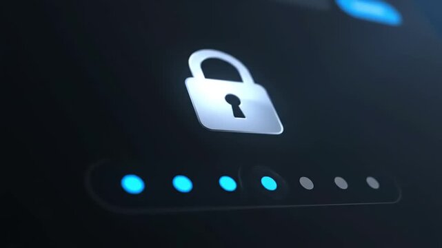 Digital security login screen with a glowing padlock icon and password dots representing data protection and cyber safety