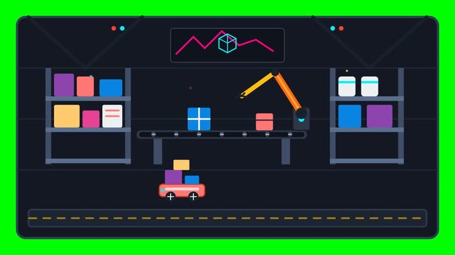 Automated Warehouse Logistics System Animation with Robotic Arm and Conveyor Belt.. 4k SVG Loop Animation
