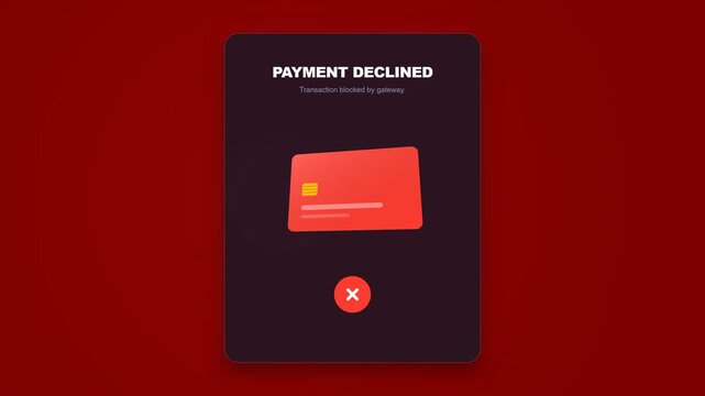 Digital Interface Showing Processing Payment then Payment Declined Error with Credit Card on Solid Background, Motion Graphics Animation