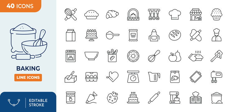 Baking line editable icon set. Containing Cooking, pastry, cake, utensils, oven, recipe, cookware, restaurant, and more. vector illustration