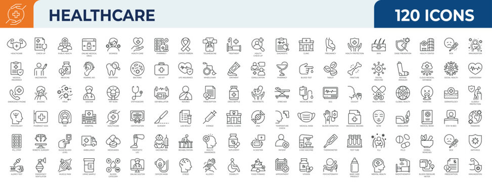 Set of 120 outline icons related to Health care. Mega collection healthcare icons. Vector illustration	
