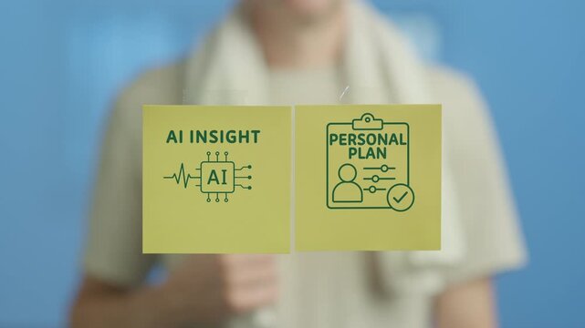 Man wearing athletic clothes with a towel around his neck is using sticky notes on a glass board to develop a personal plan, utilizing ai insights for guidance and customization