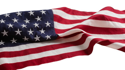 Isolated patriotic American flag featuring embroidered stars and flowing red and white stripes © Cian